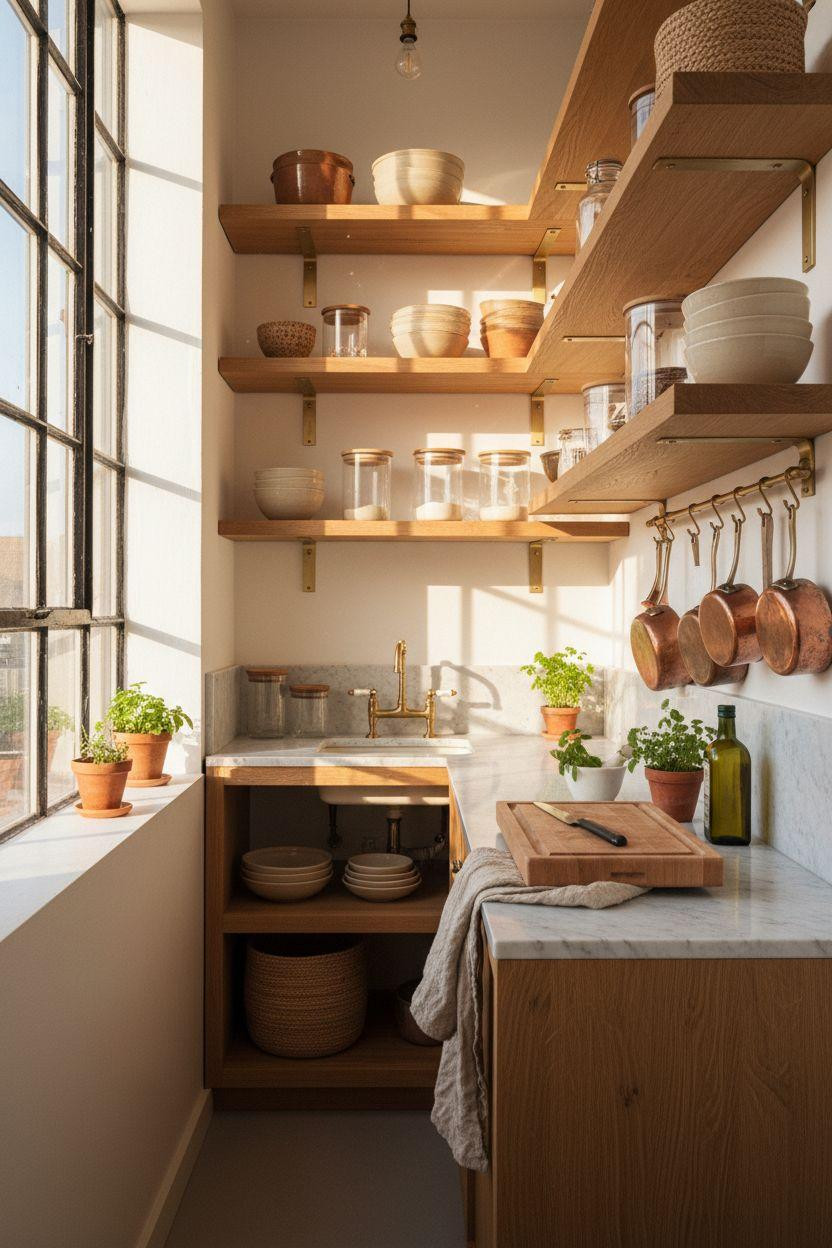 Tiny Kitchen Ideas with floor-to-ceiling shelving and brass pot rails