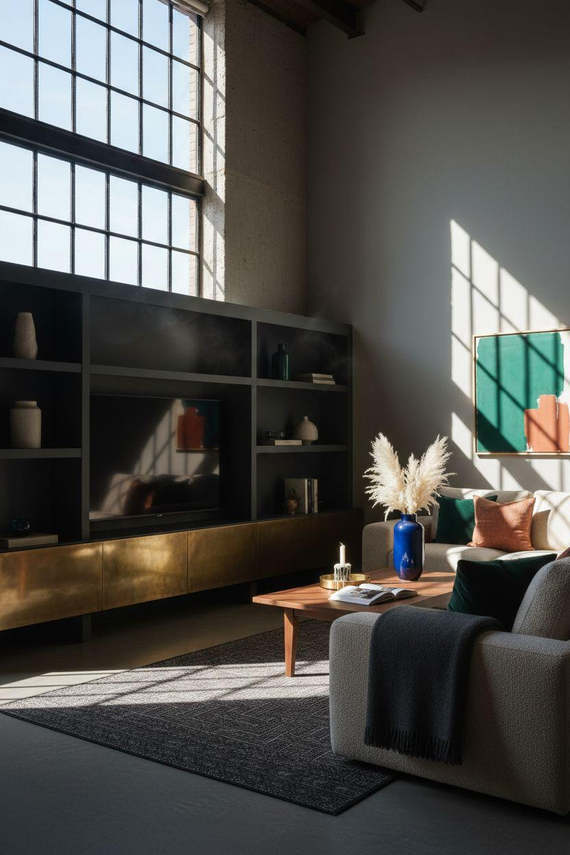 TV lounge with minimalist design and emerald green accents