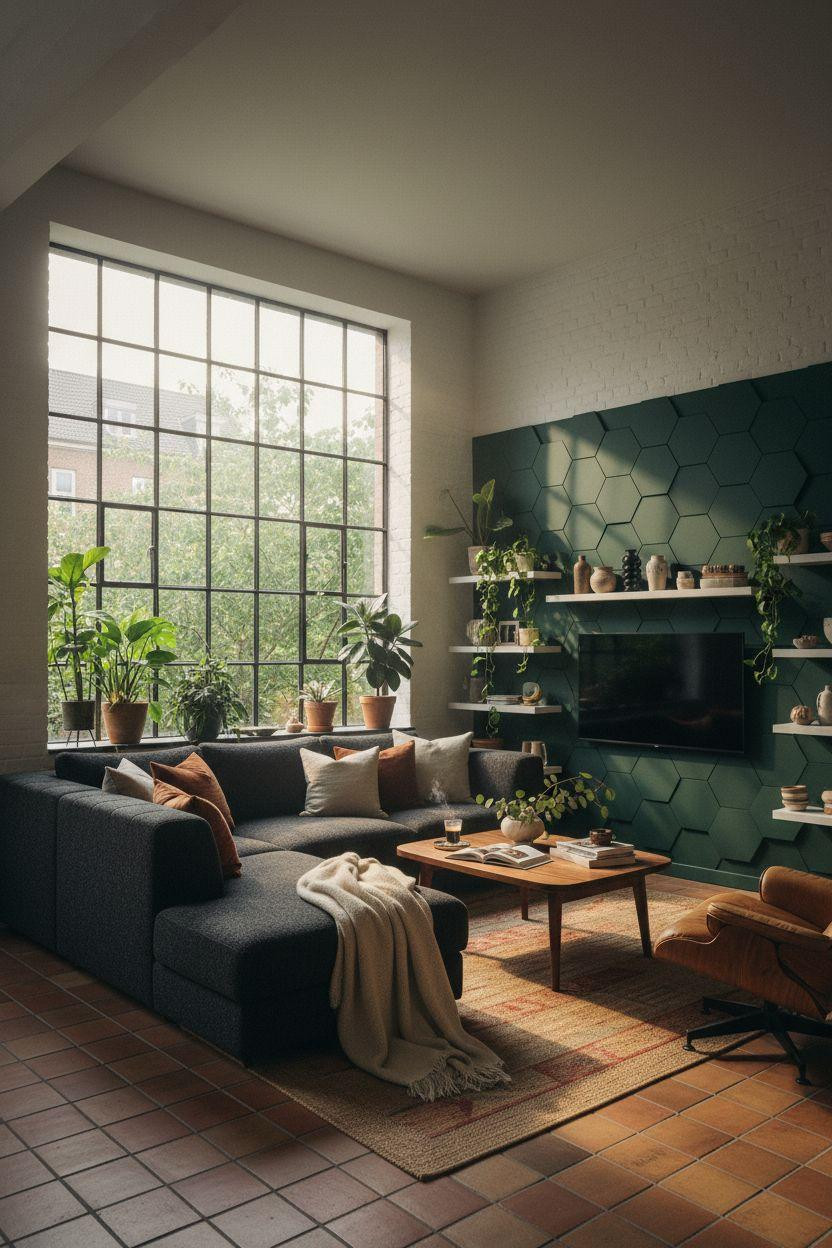 TV lounge with geometric forest green wall and botanical elements