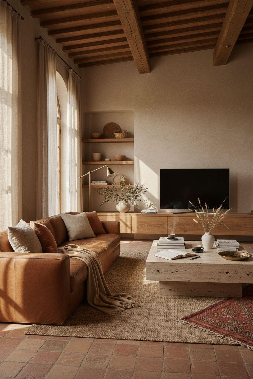 TV lounge in Tuscan farmhouse with exposed wooden beams
