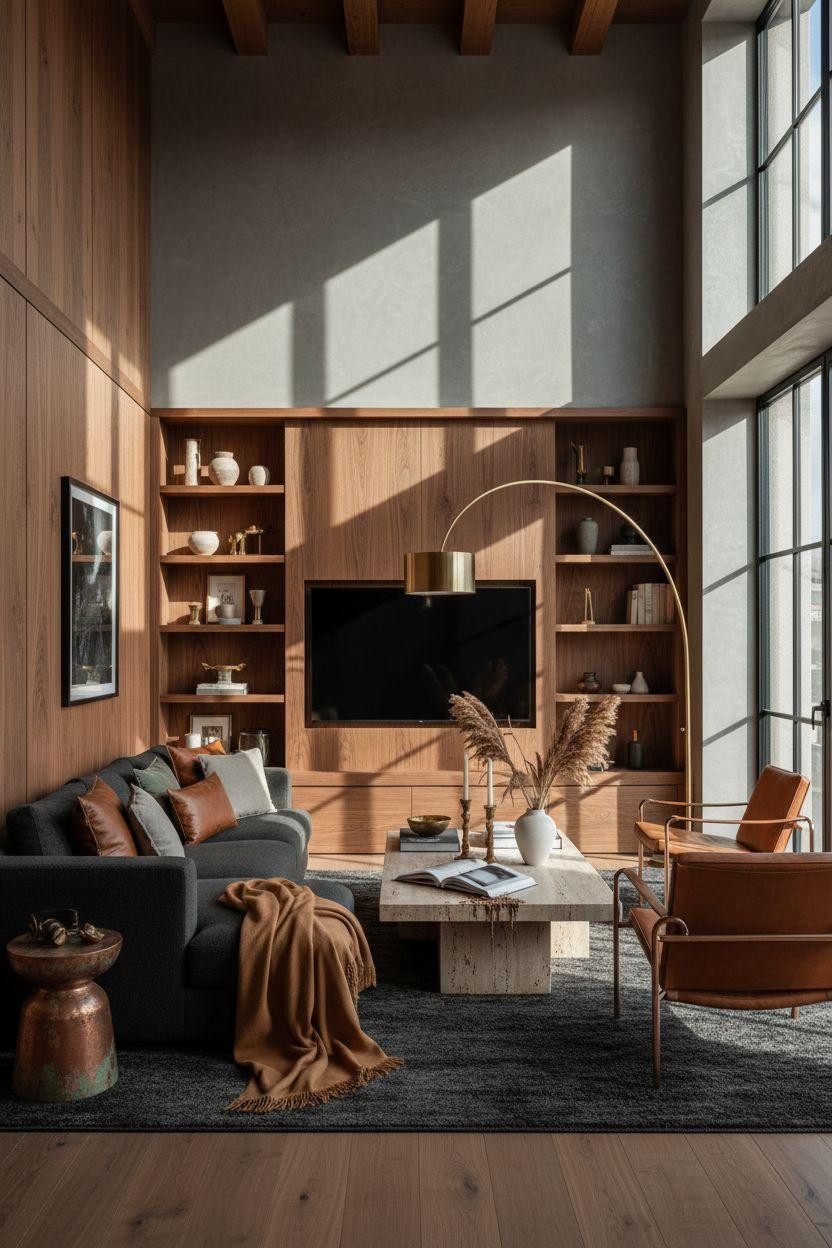 TV lounge with custom walnut media wall and masculine details