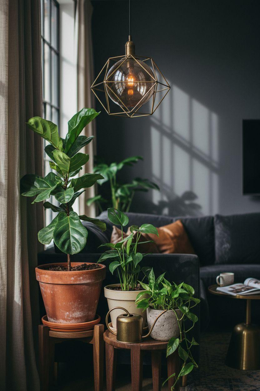 TV lounge featuring botanical styling and statement lighting