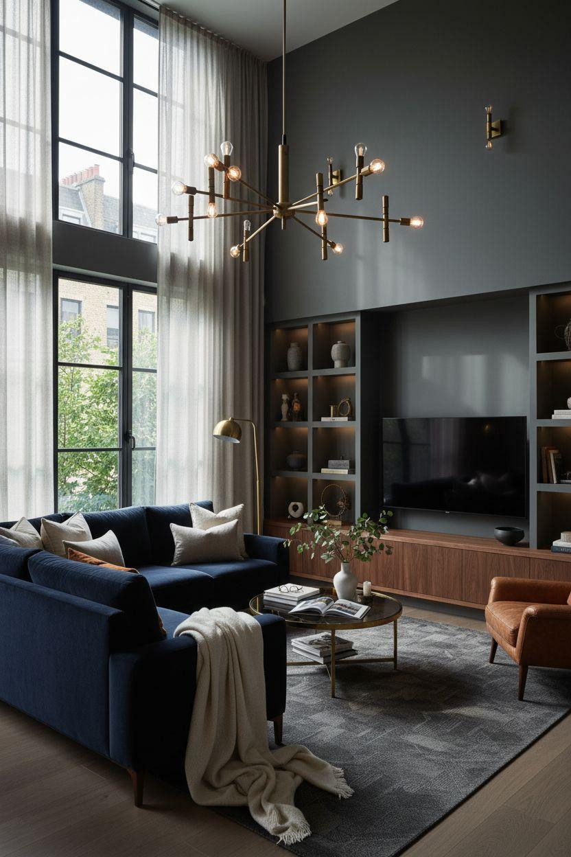 TV lounge with sculptural brass chandelier and navy velvet