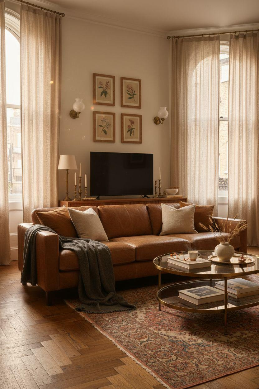 TV lounge with vintage cognac leather sofa and warm tones