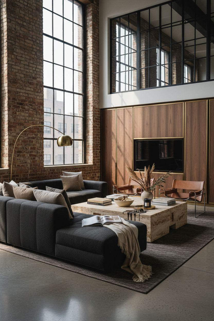 TV lounge in spacious Tribeca loft with travertine coffee table