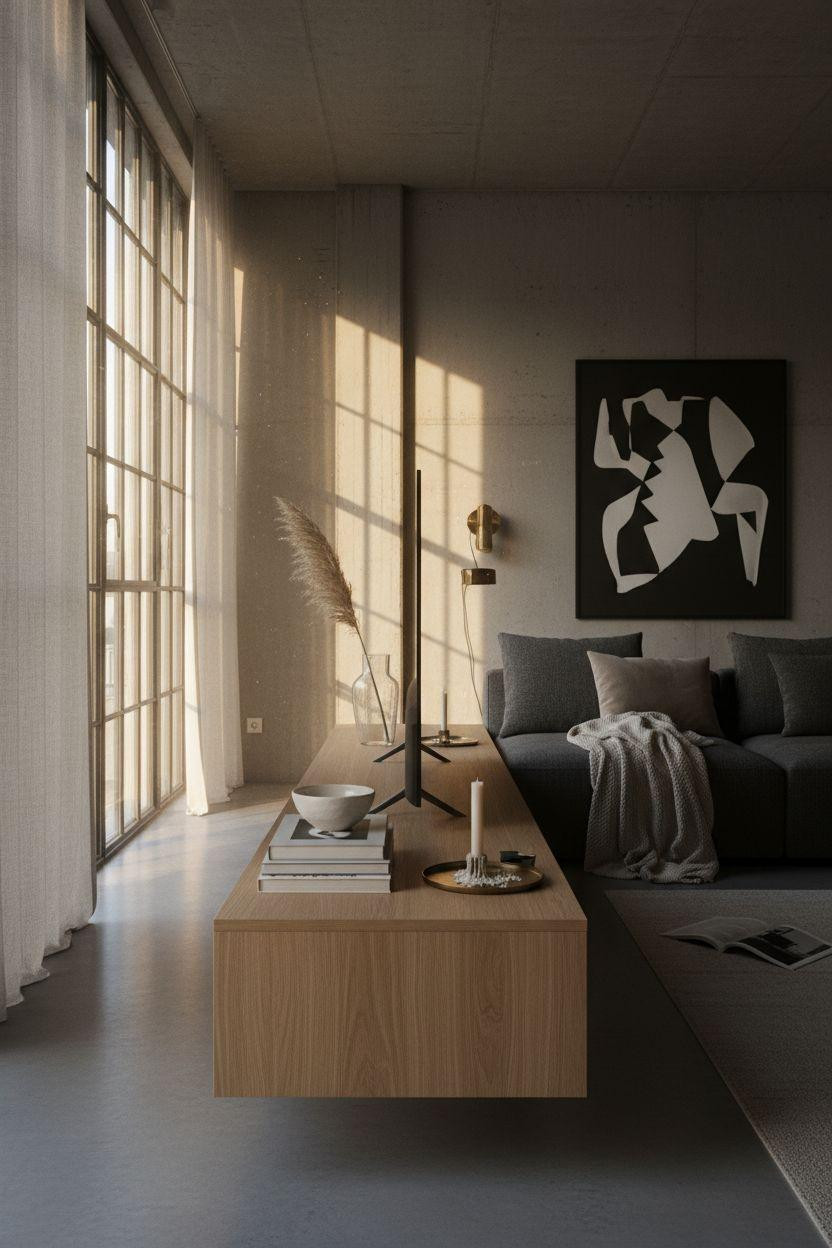 TV lounge featuring floating oak console and clean lines