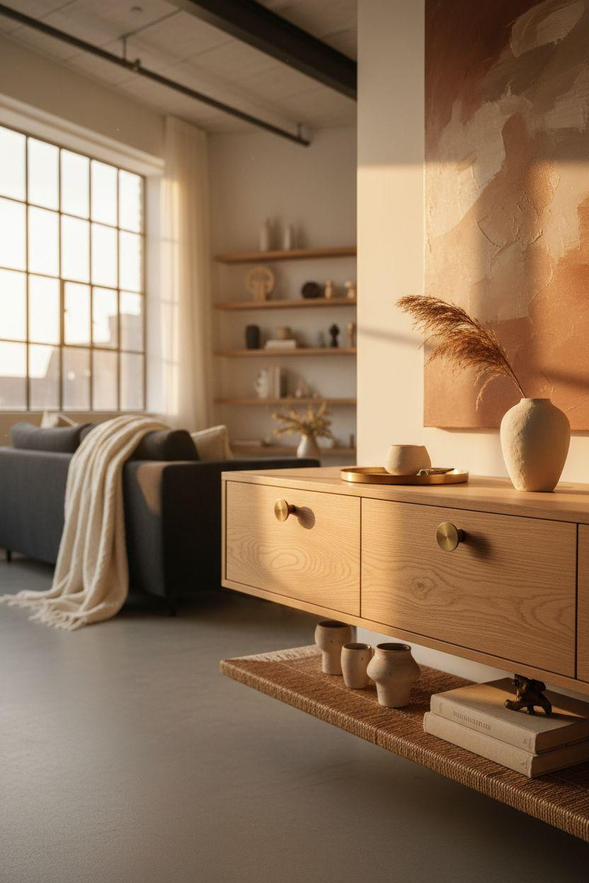 TV lounge featuring white oak console and brushed brass details