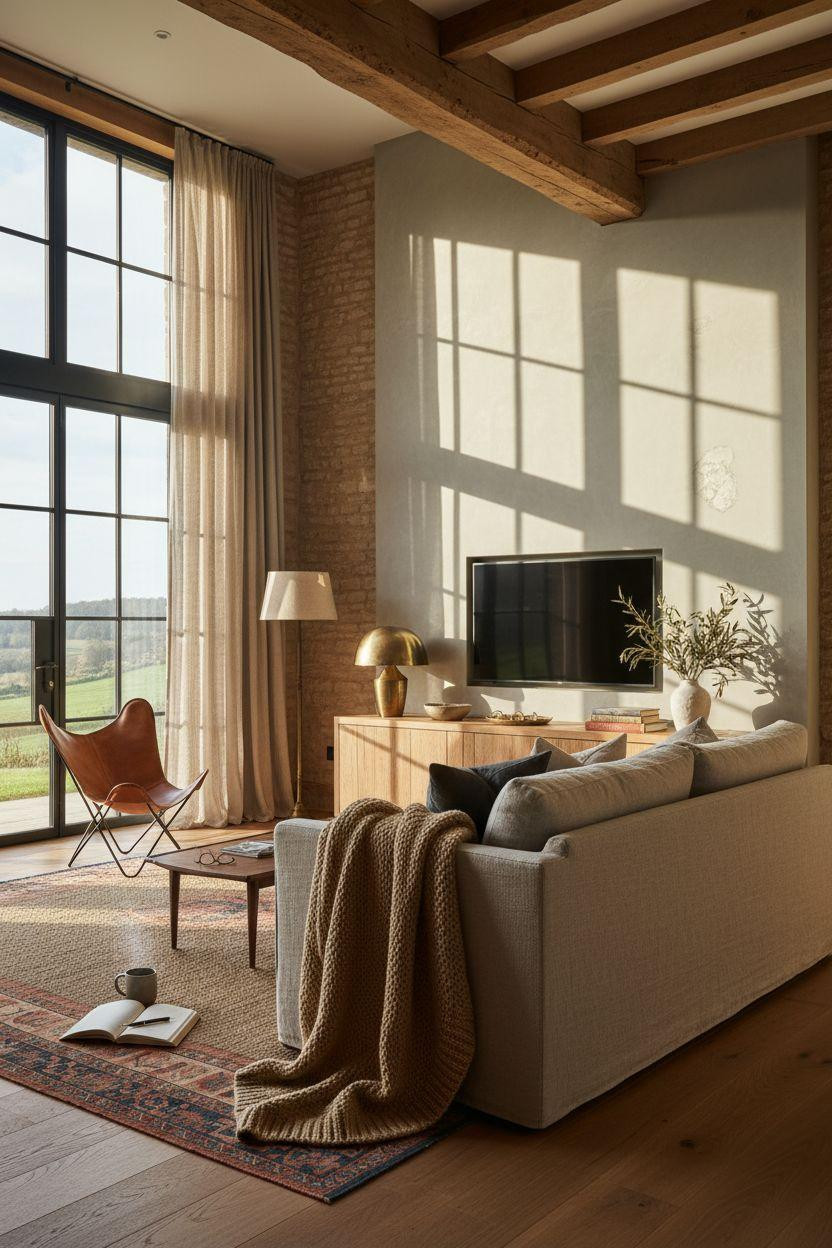 TV lounge in converted barn with reclaimed oak beams