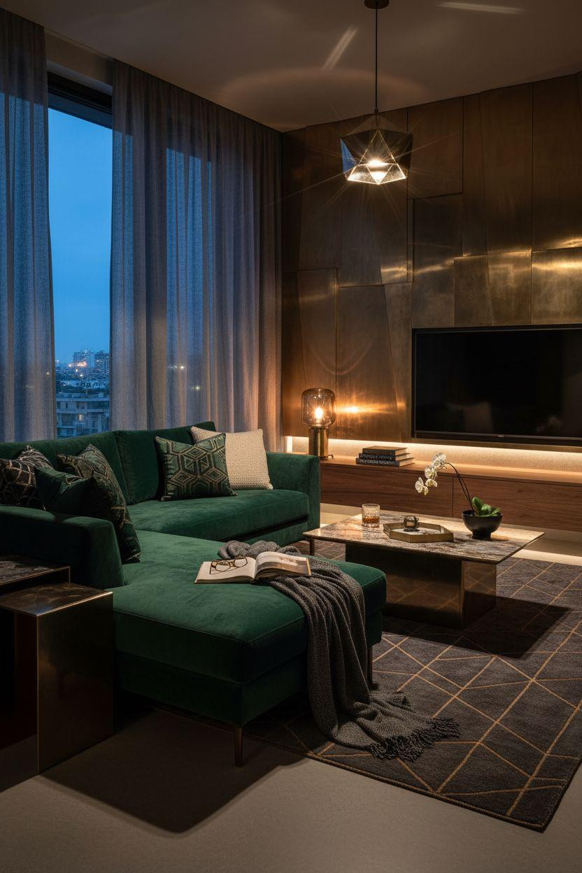 TV lounge with emerald velvet and faceted brass wall panels
