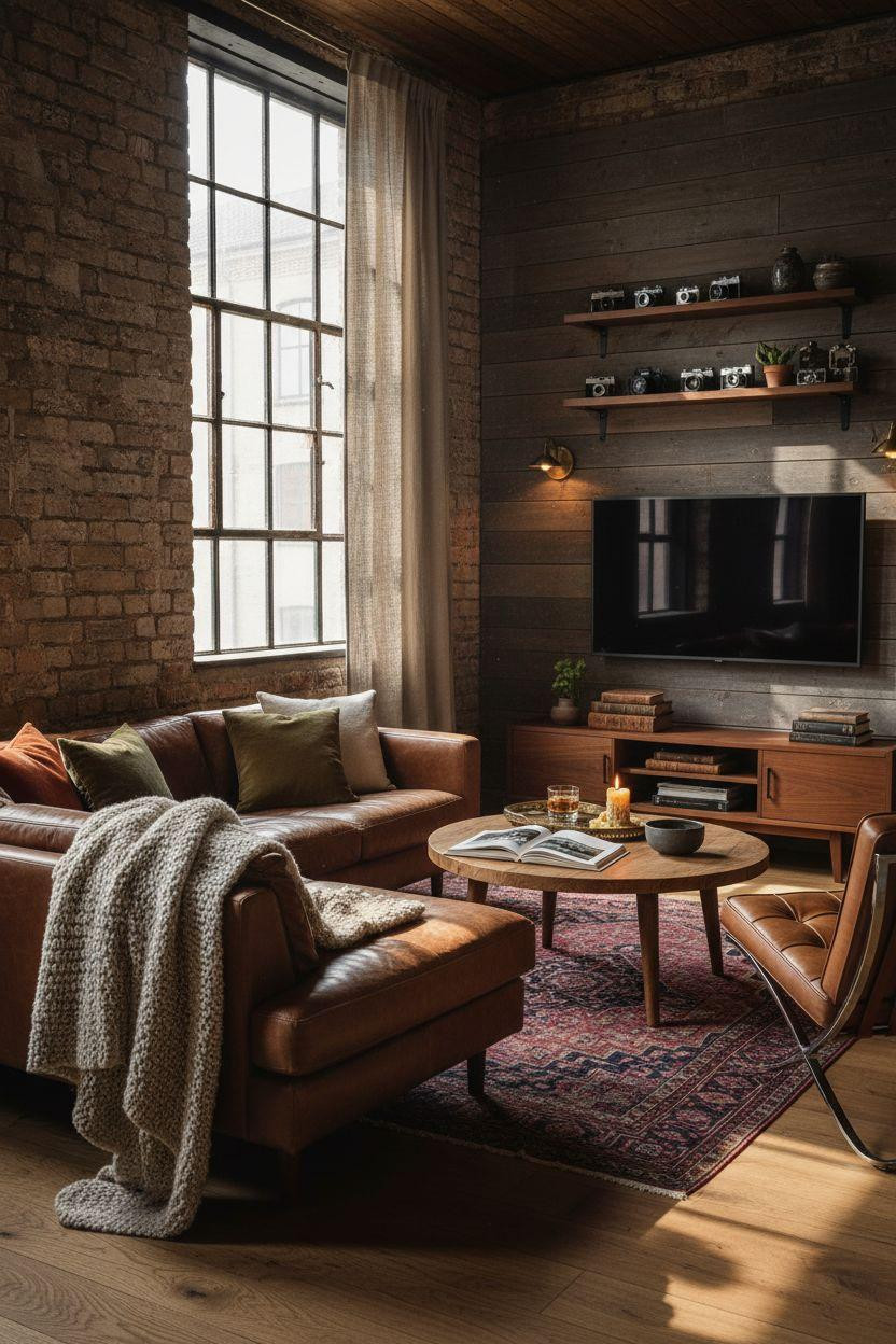 TV lounge with reclaimed barn wood and vintage leather