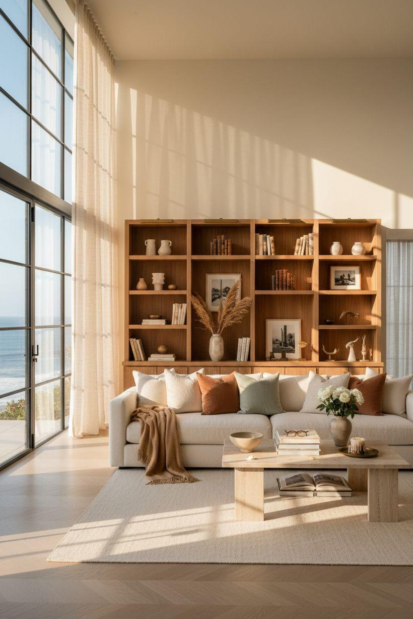 TV lounge with floor-to-ceiling open shelving and coastal views