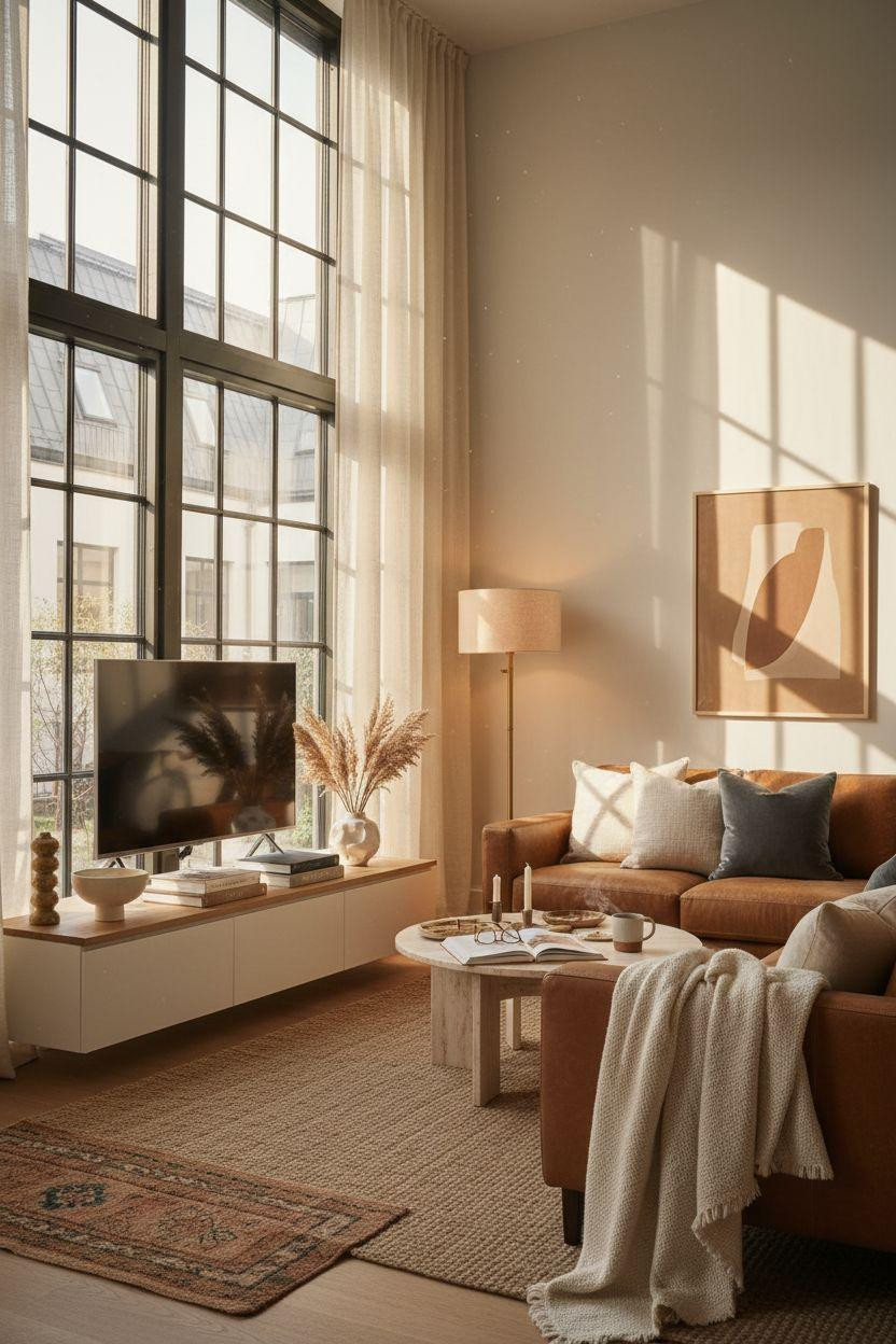 TV lounge with honey oak console and Scandinavian design