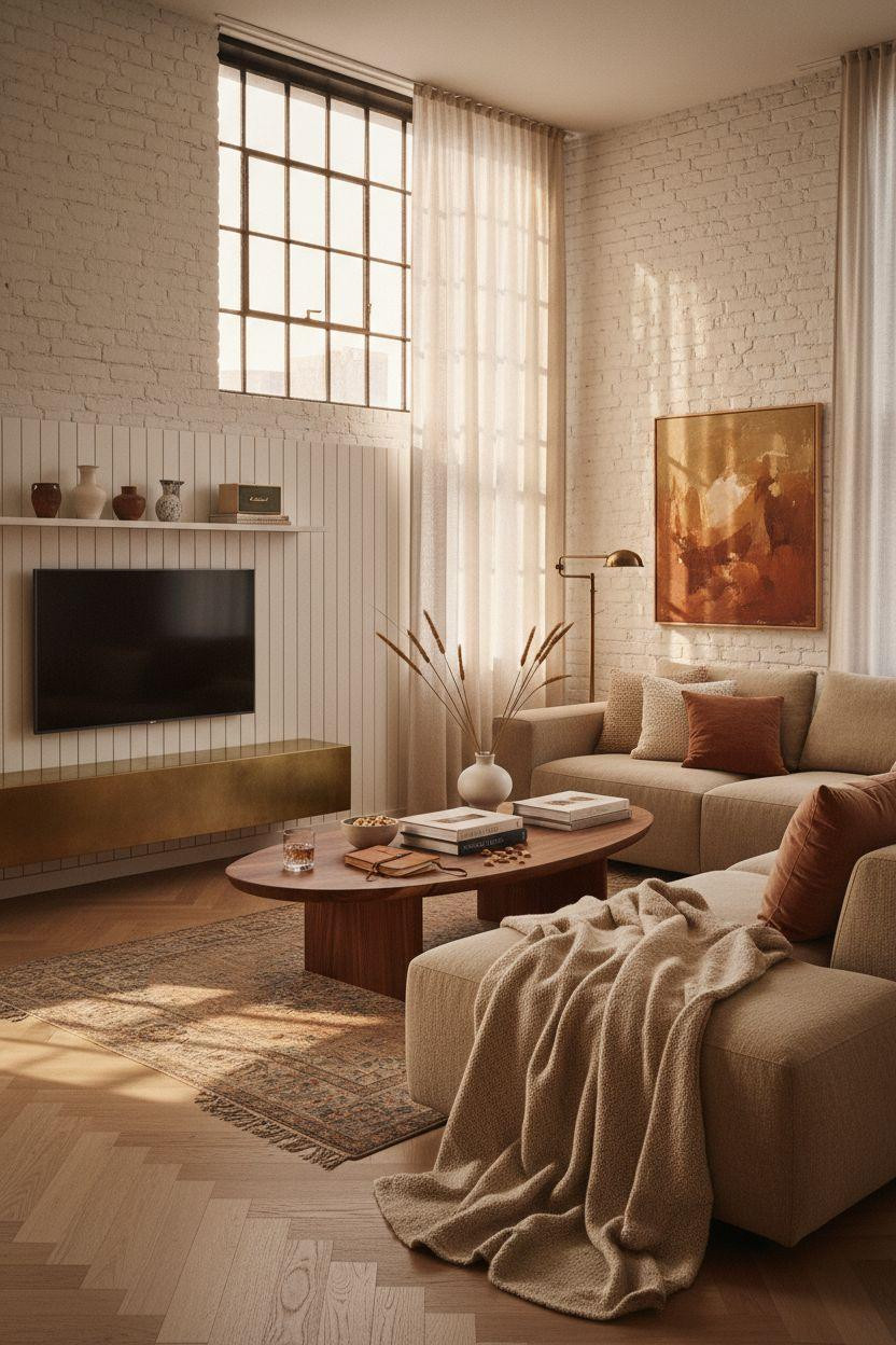 TV lounge with white oak slat wall and floating brass console