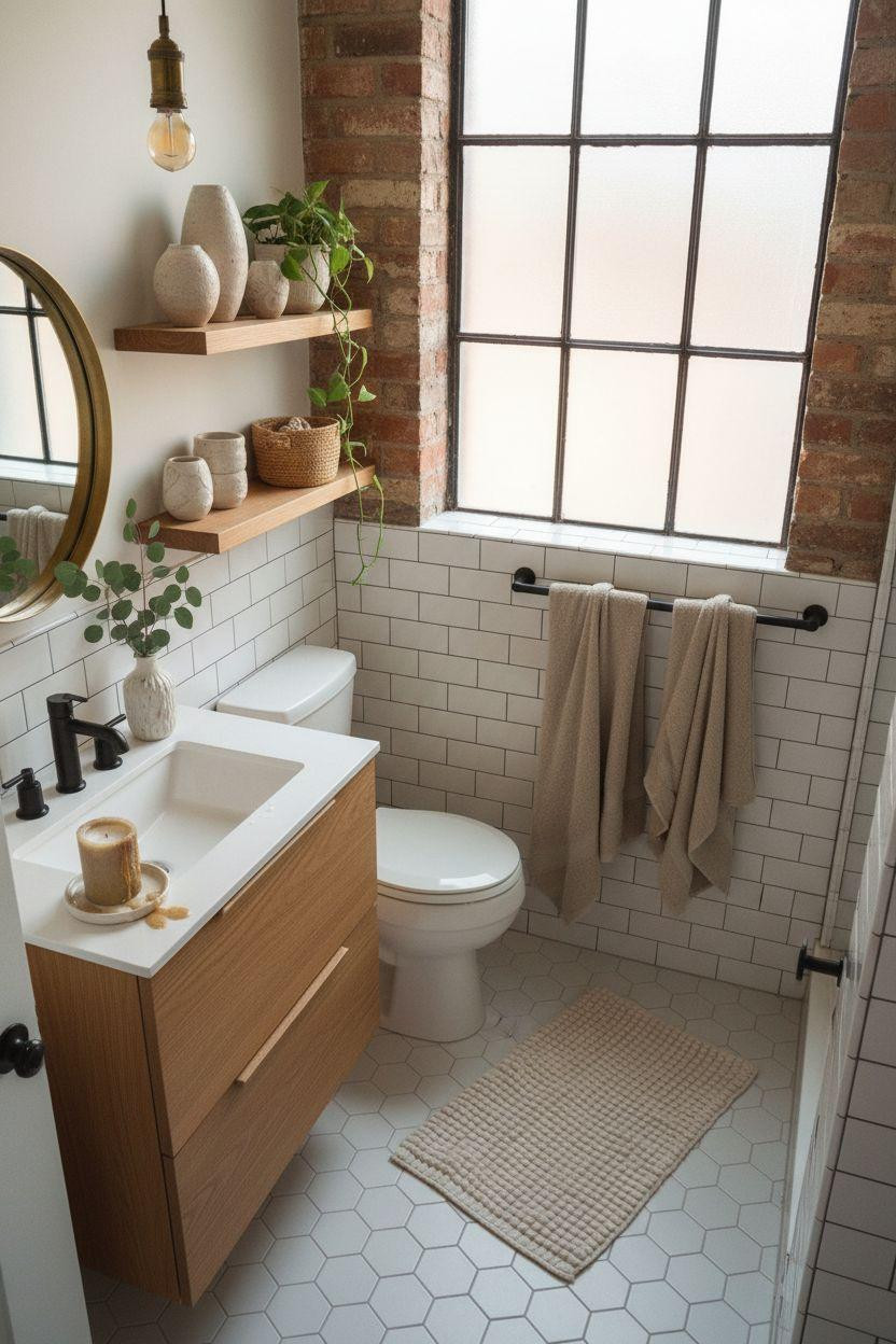 Vibey Bathroom overhead view with oak vanity