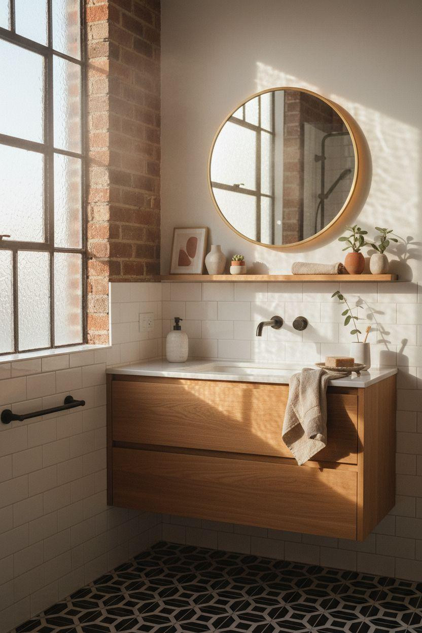 Vibey Bathroom with geometric glass blocks
