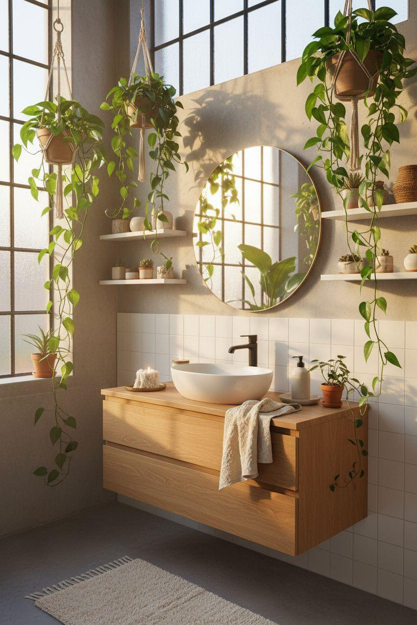 Vibey Bathroom with hanging plants and oakvanity