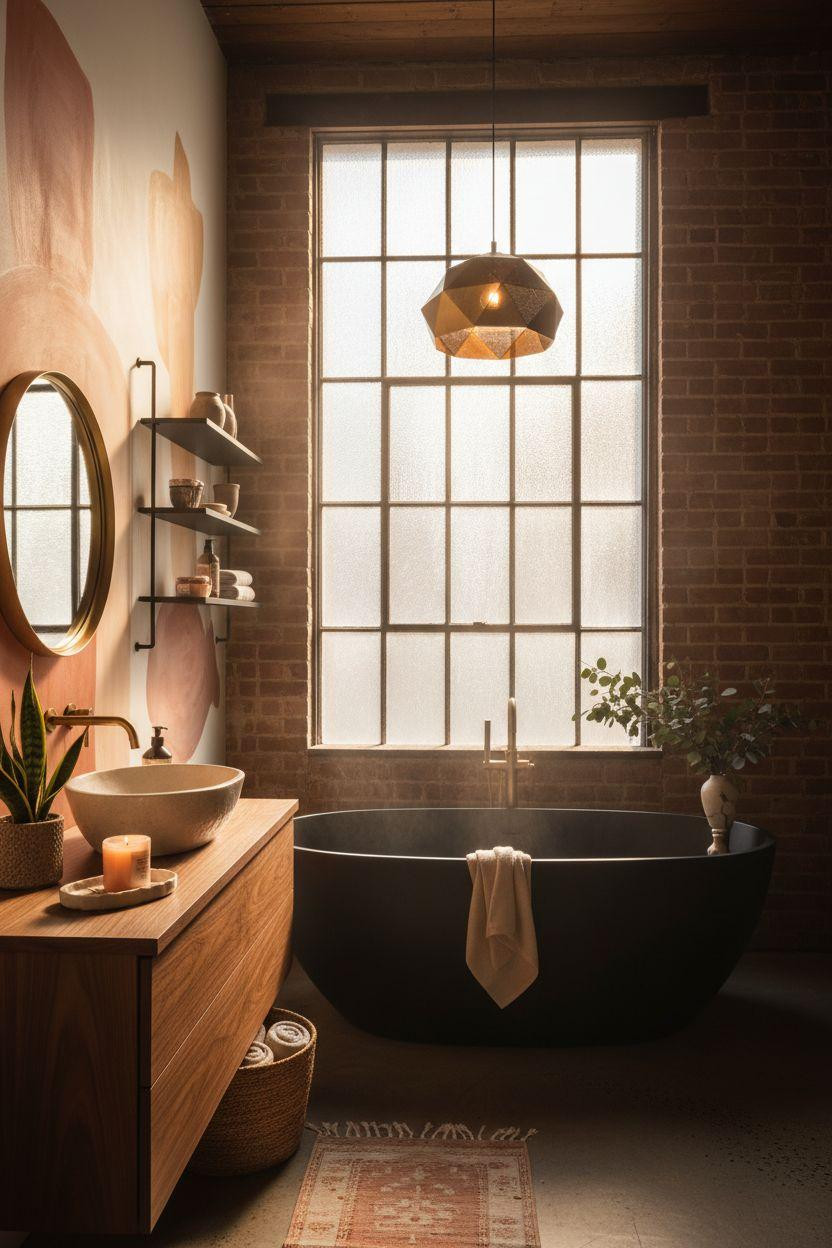 Vibey Bathroom with freestanding black tub
