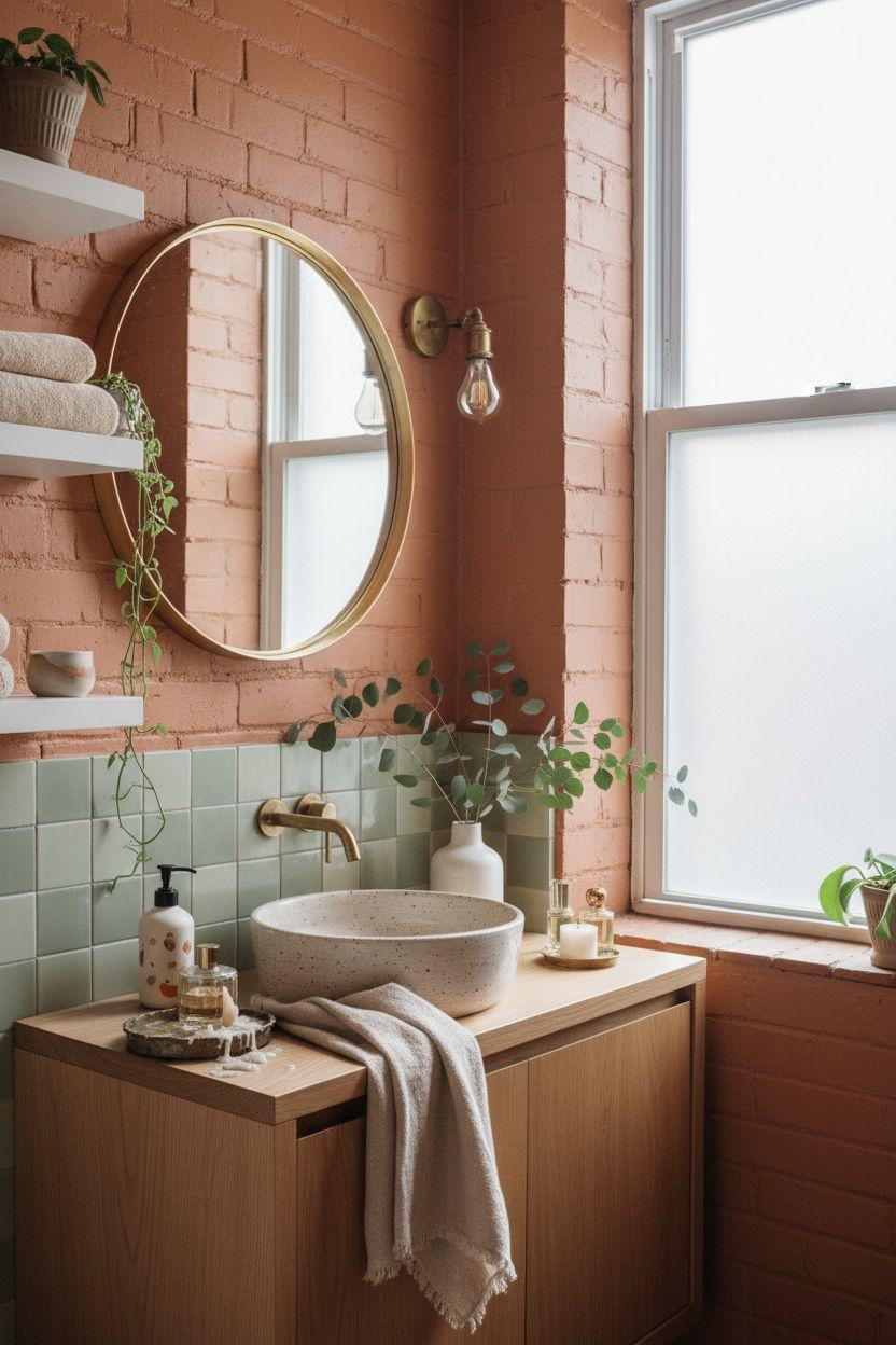 Vibey Bathroom with terracotta painted brick