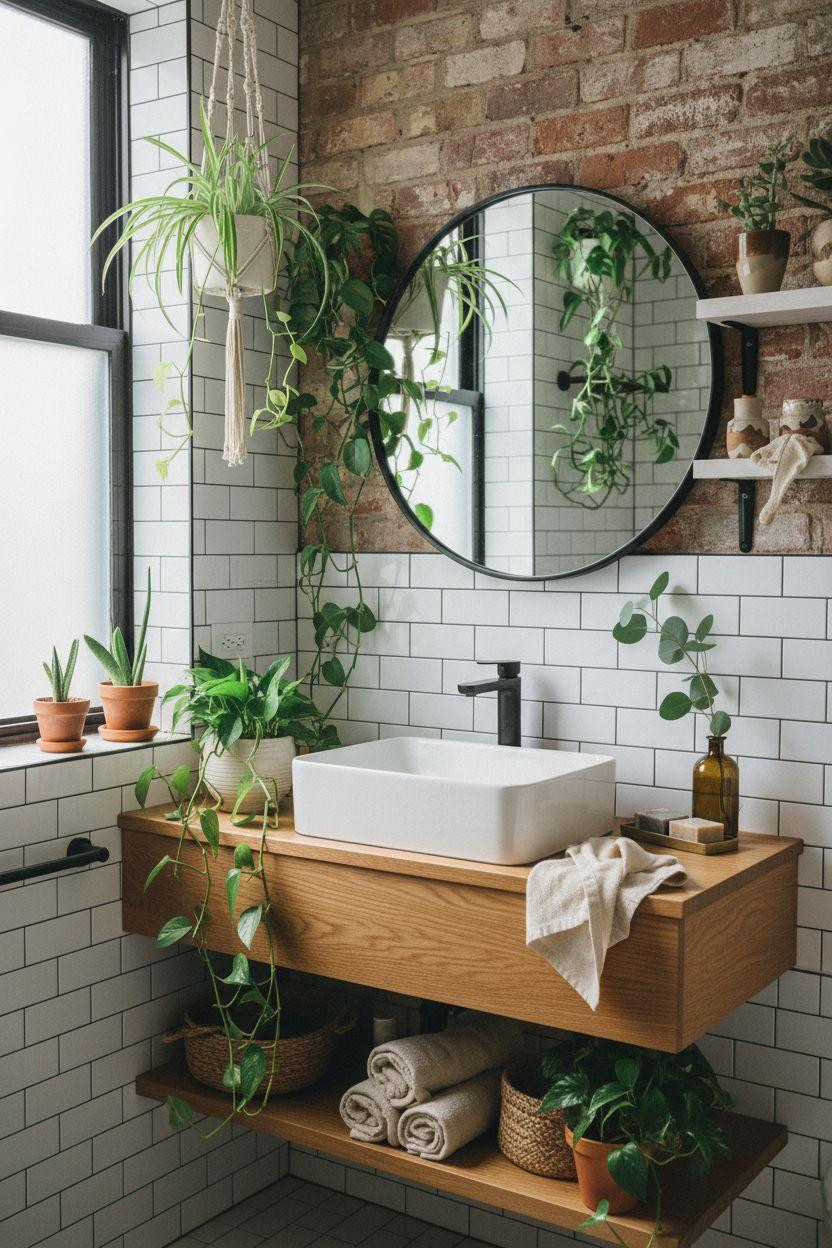 Vibey Bathroom with floating shelves and plants
