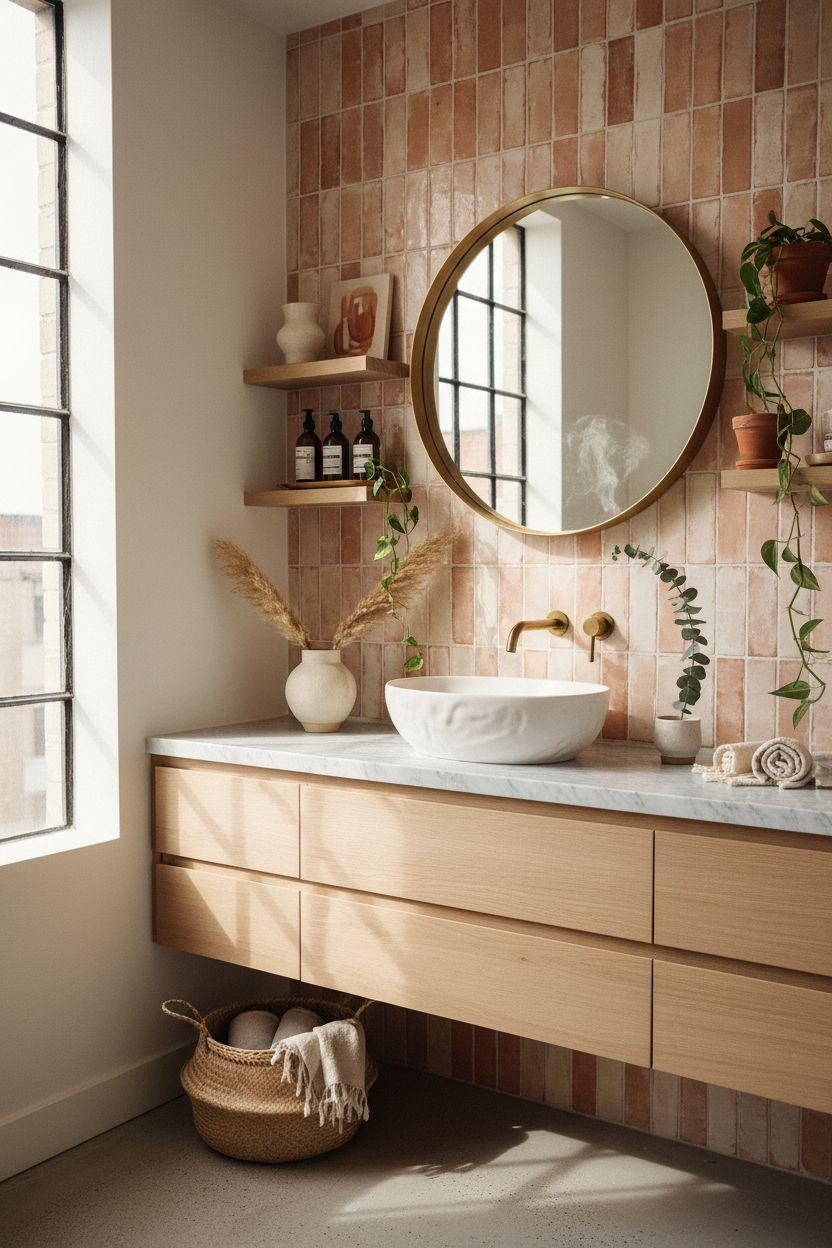 Vibey Bathroom with artsy hand-painted tiles