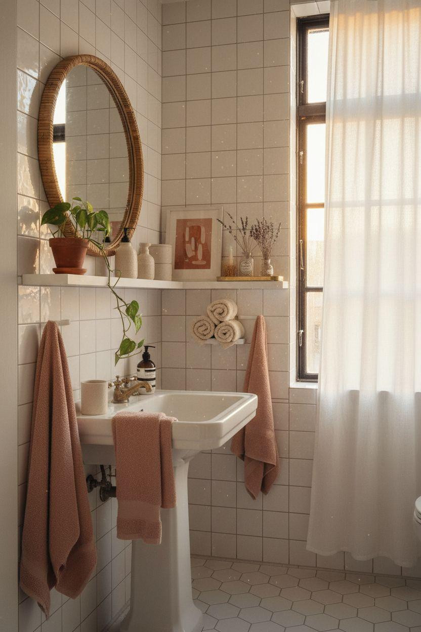 Vibey Bathroom with round rattan mirror