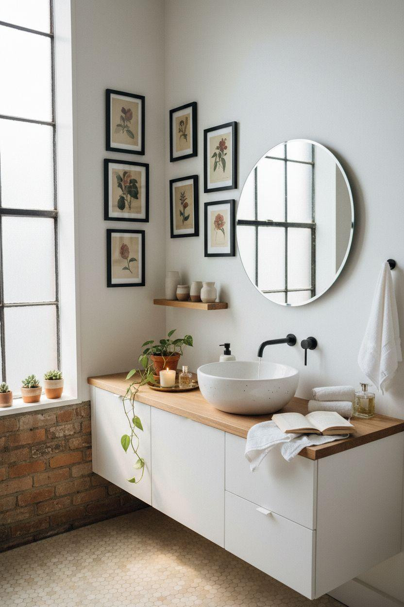 Vibey Bathroom with botanical gallery wall