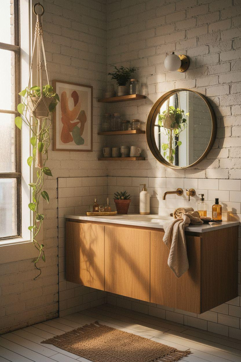 Vibey Bathroom with exposed brick and macramé