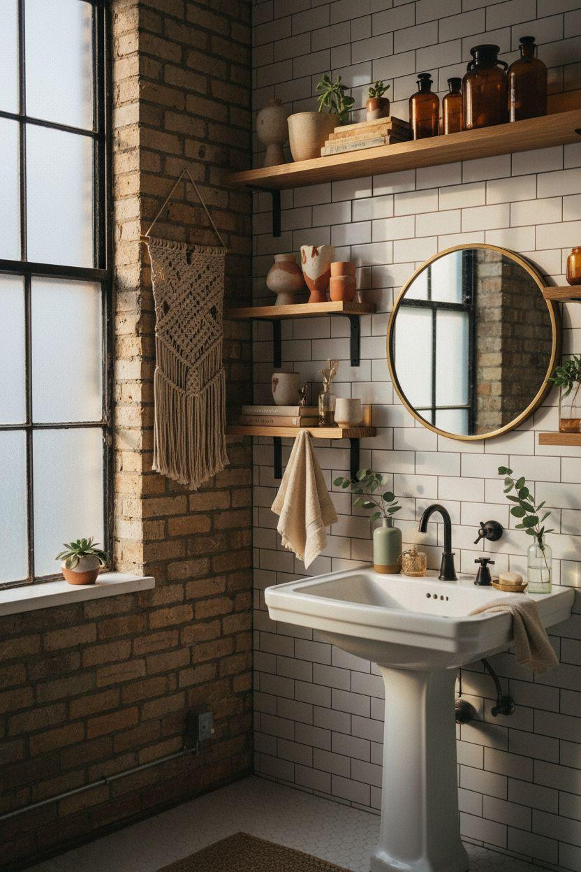 Vibey Bathroom with vintage brass mirror