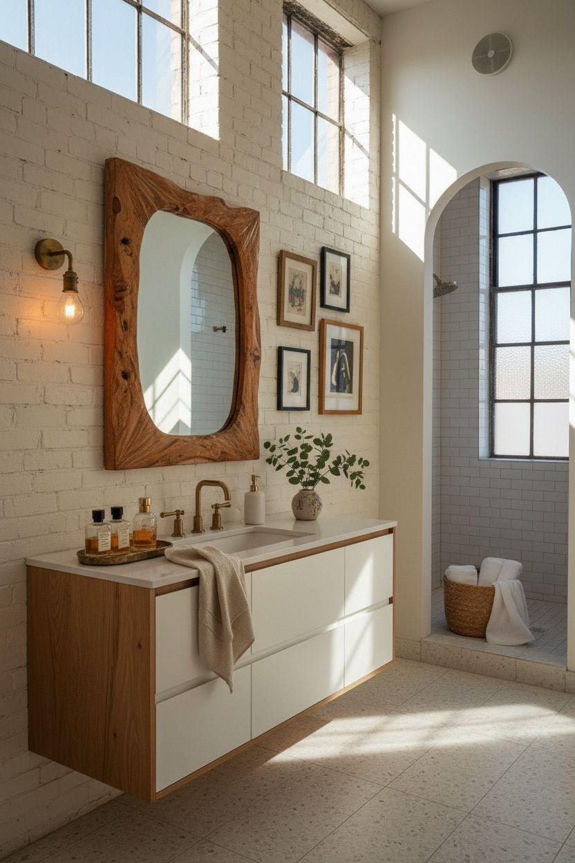 Vibey Bathroom with sculptural teak mirror frame