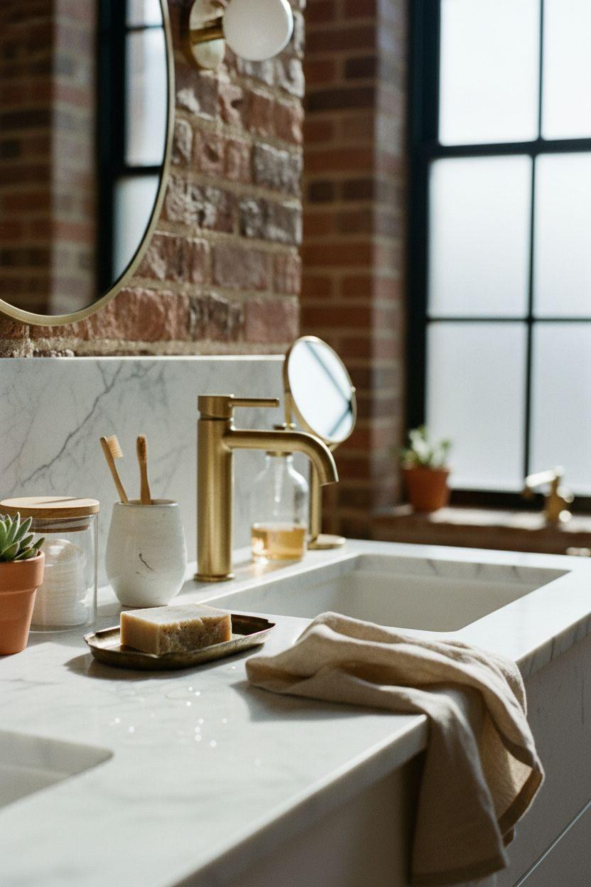 Vibey Bathroom vanity with brass fixtures