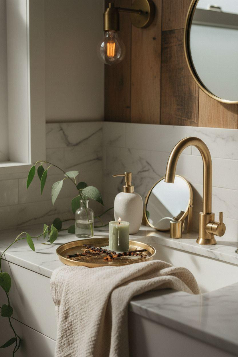 Vibey Bathroom vanity vignette with brass accents