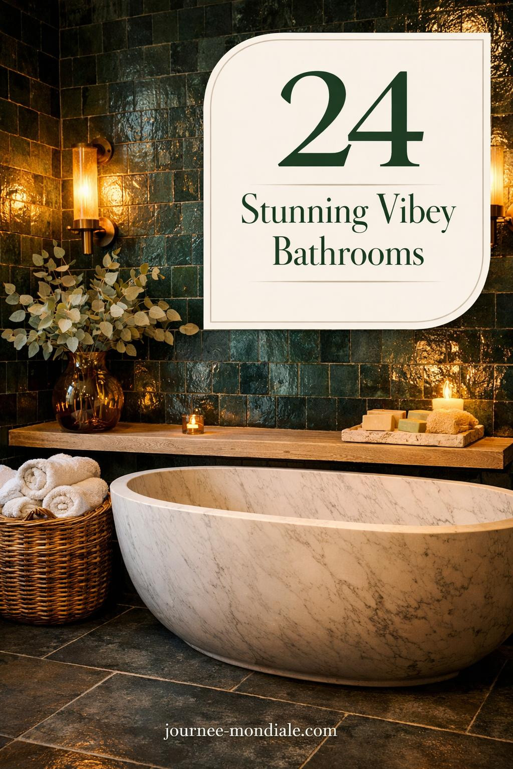 Dark emerald zellige tile bathroom with freestanding white marble tub, aged brass sconces, eucalyptus branches, and charcoal limestone floors