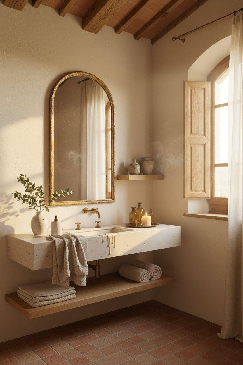 Bathroom Mirror - beige bathroom with vintage European charm