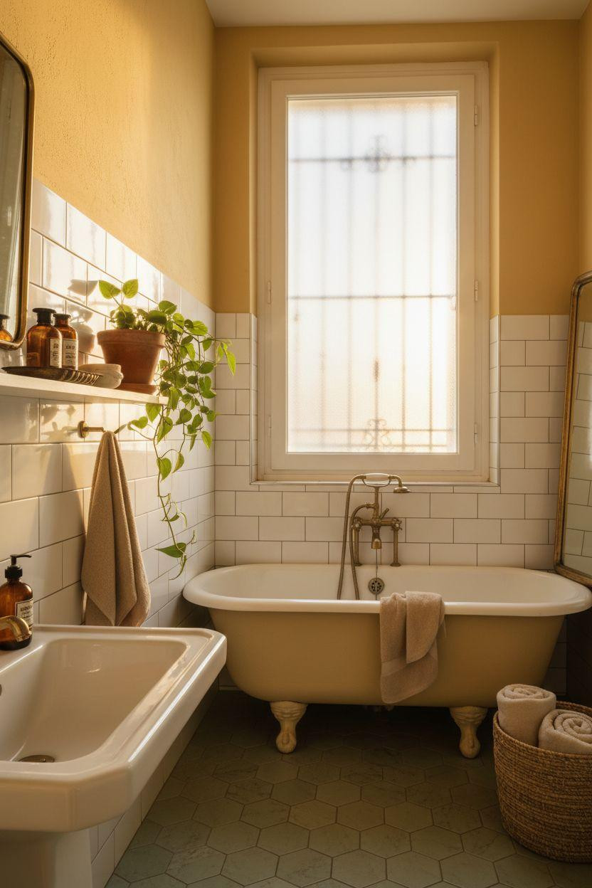 Yellow Bathroom featuring two-tone walls and vintage character