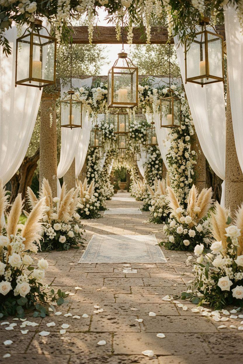Wedding Walkway - dramatic ground view with white pampas plumes