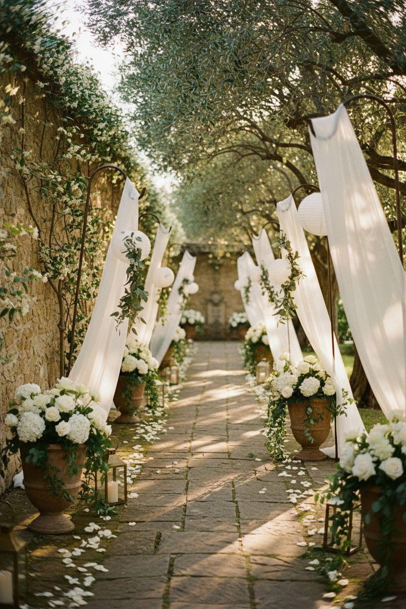 Wedding Walkway - olive tree canopy with flowing chiffon panels