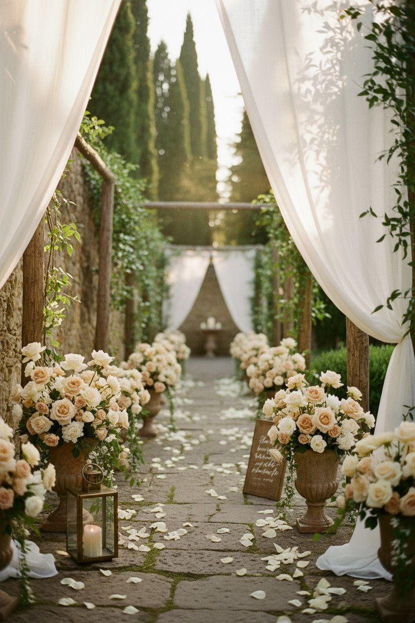 Wedding Walkway - romantic tuscan villa garden entrance with white fabric canopy