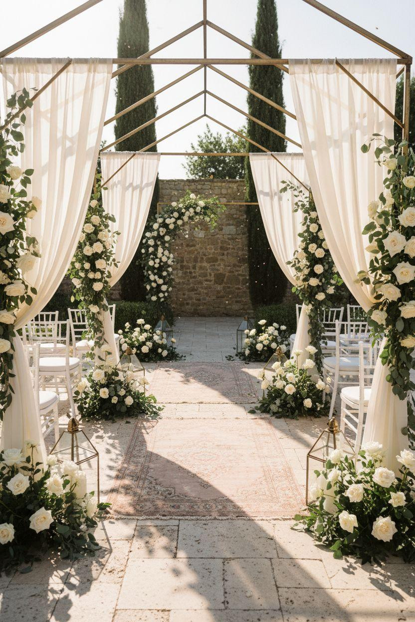 Wedding Walkway - angular brass structure with dramatic shadows
