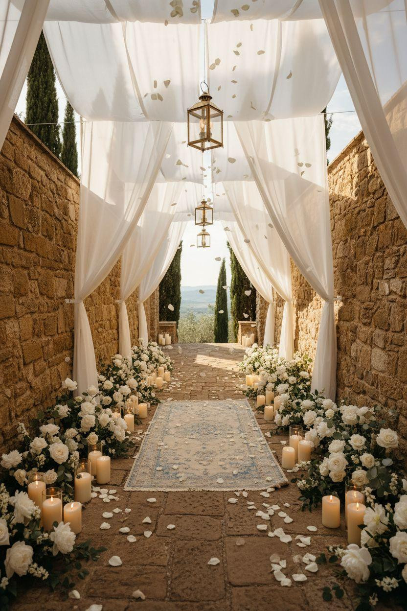 Wedding Walkway - dramatic white fabric overhead with hundreds of candles