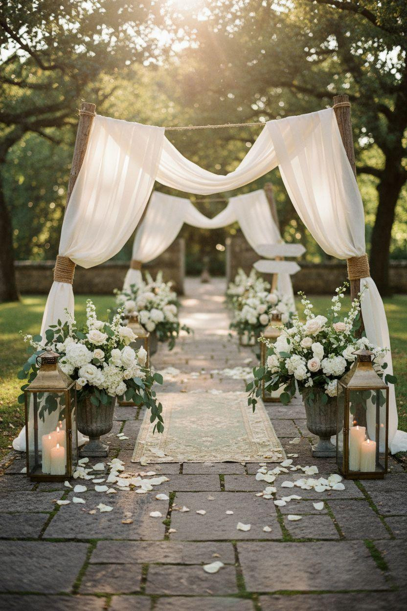 Wedding Walkway - shallow depth macro of hydrangeas and brass lanterns