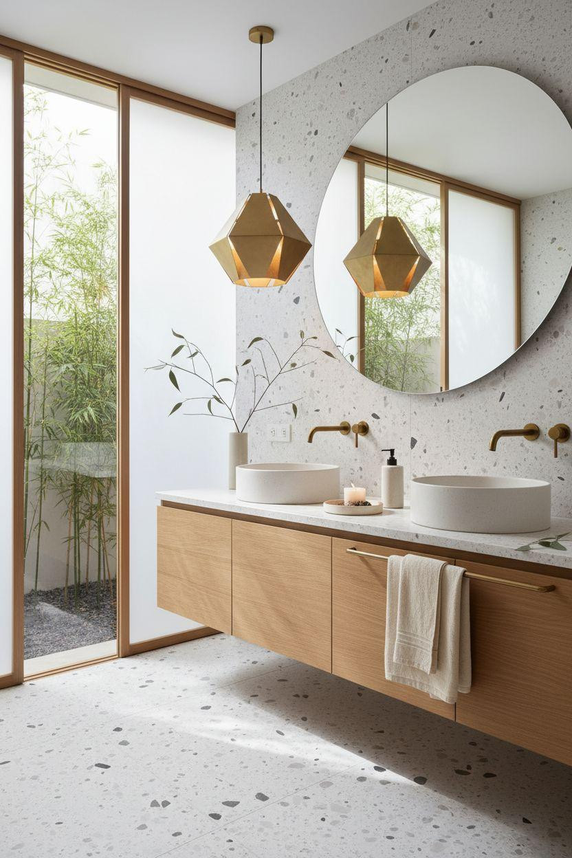terrazzo bathroom with oversized brass pendant light and zen design