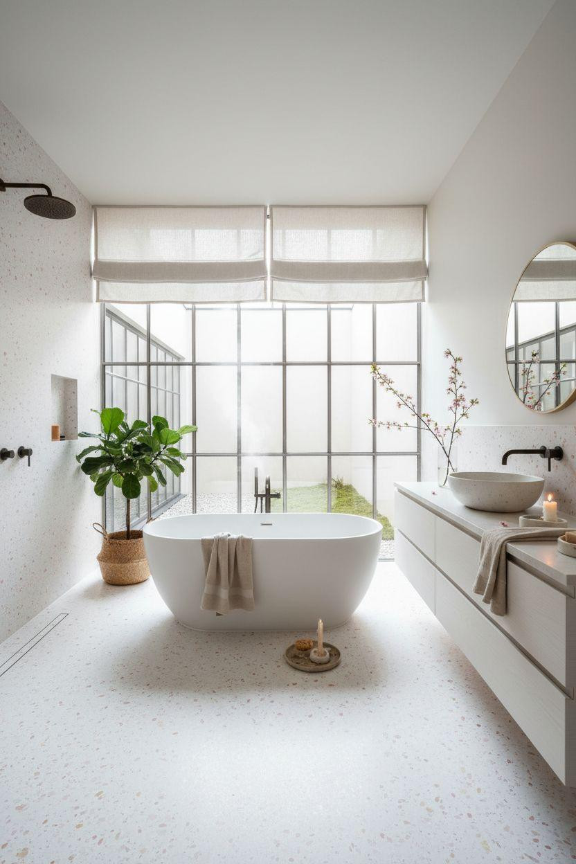terrazzo bathroom with coral aggregate and courtyard views
