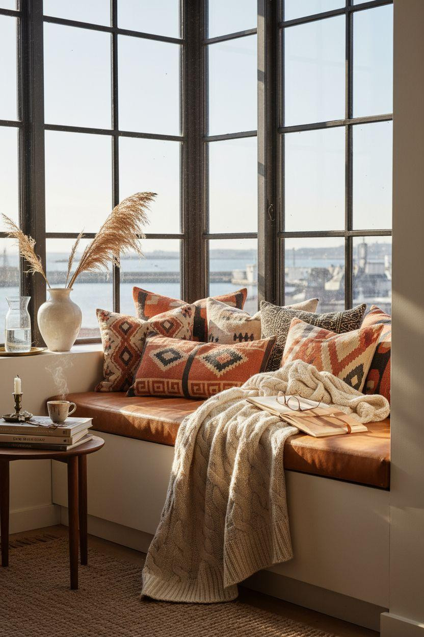 Window Sitting Ideas - harbor view window seat with geometric cushions and leather base