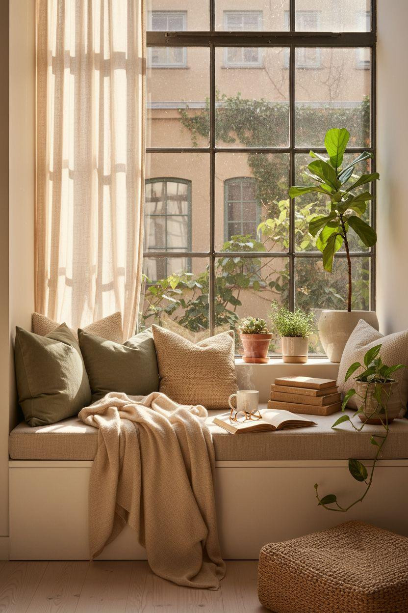 Window Sitting Ideas - minimal window alcove with sage cushions and potted plants