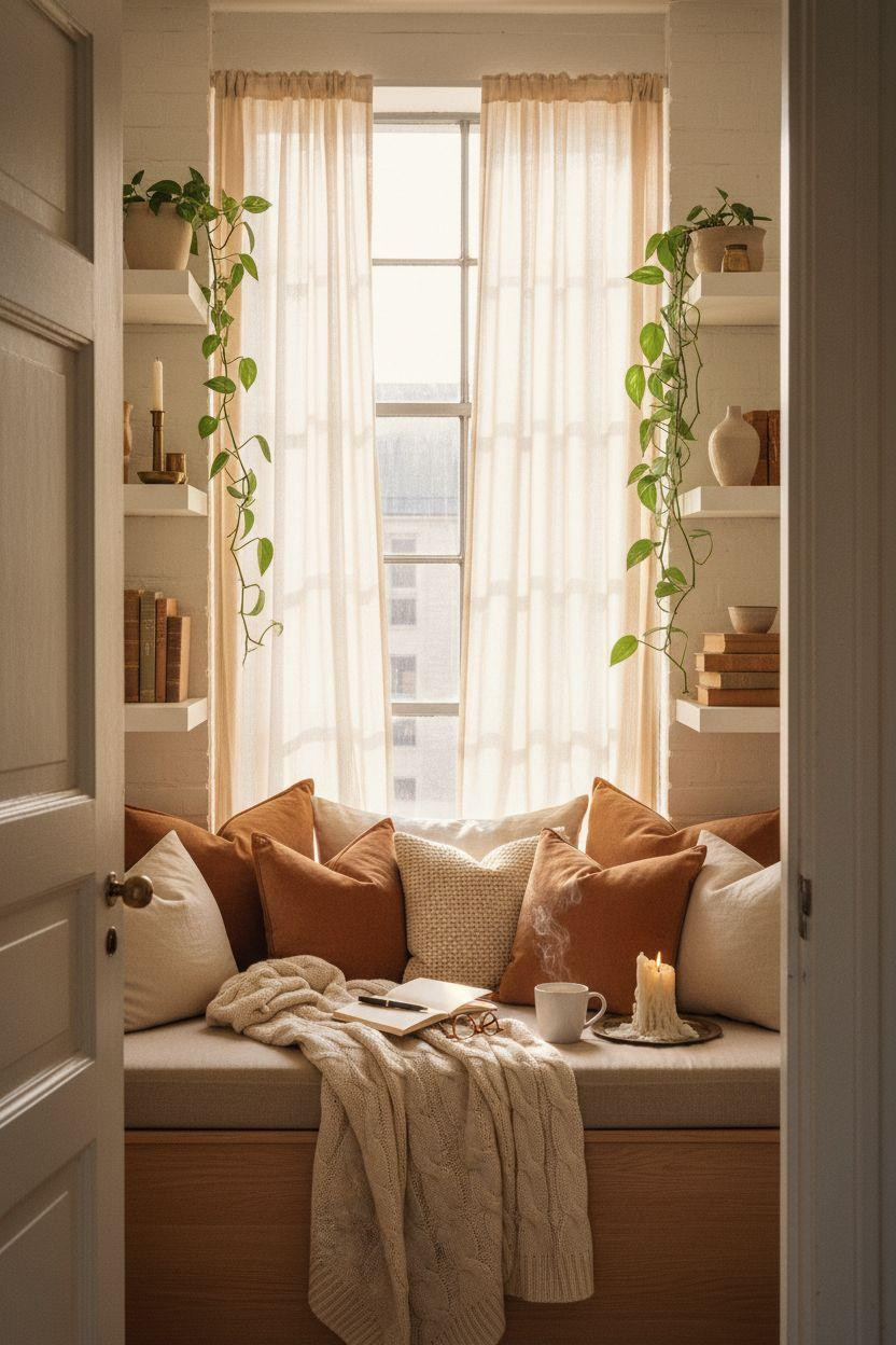 Window Sitting Ideas - intimate window nook viewed through doorway with layered textures