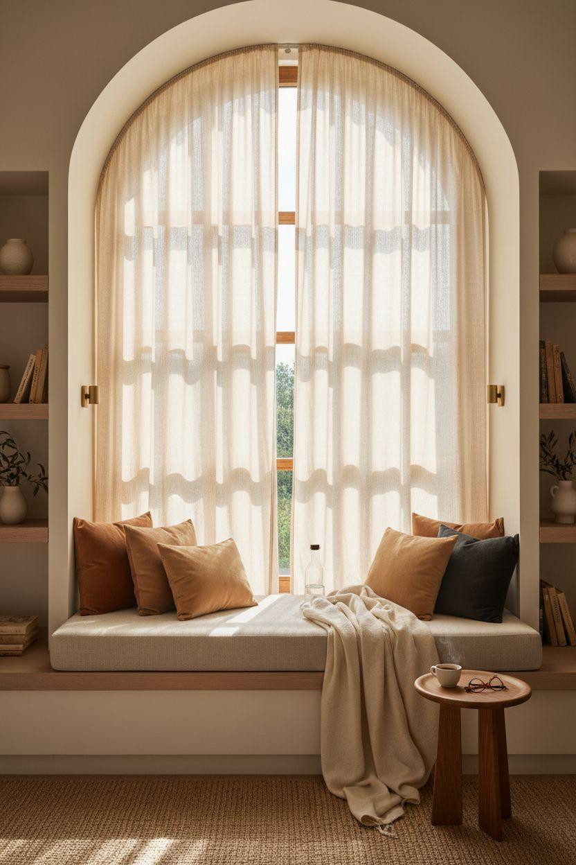 Window Sitting Ideas - Mediterranean-inspired window seat with limestone and arched window