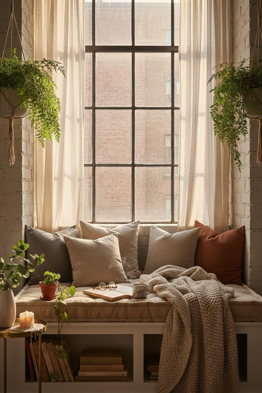 Window Sitting Ideas - bedroom window nook with exposed brick and hanging plants