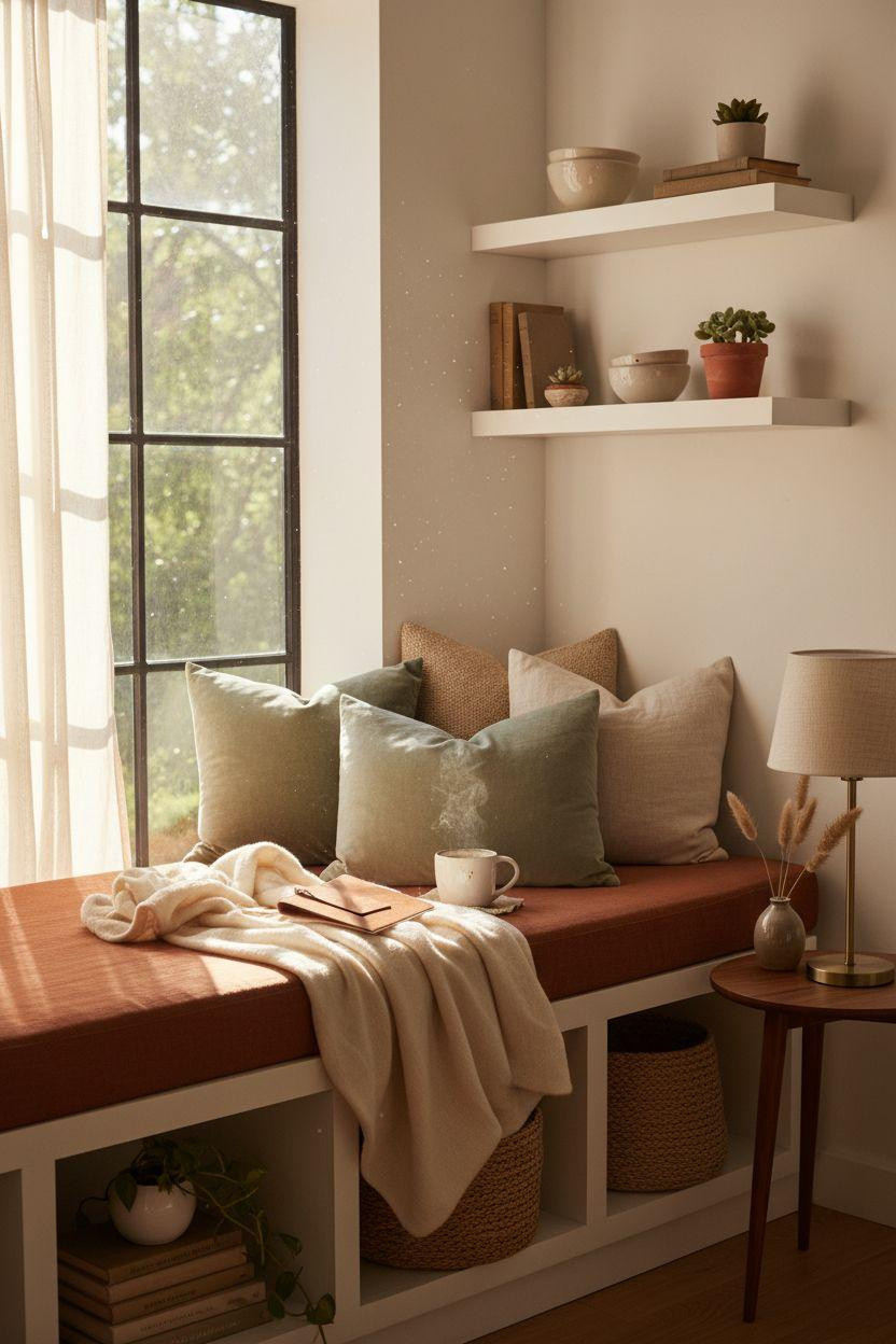Window Sitting Ideas - cozy window alcove with terracotta cushions and storage