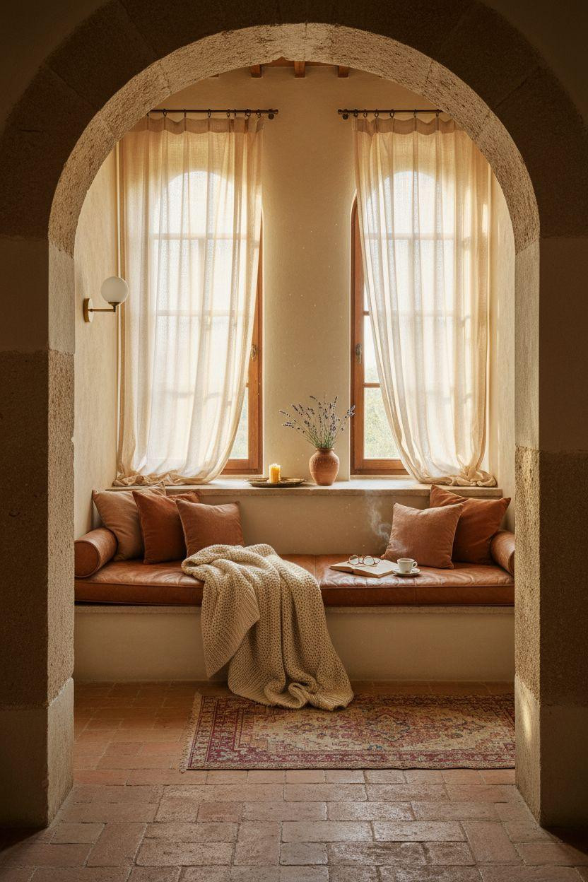 Window Sitting Ideas - romantic Tuscan window seat with aged plaster and leather
