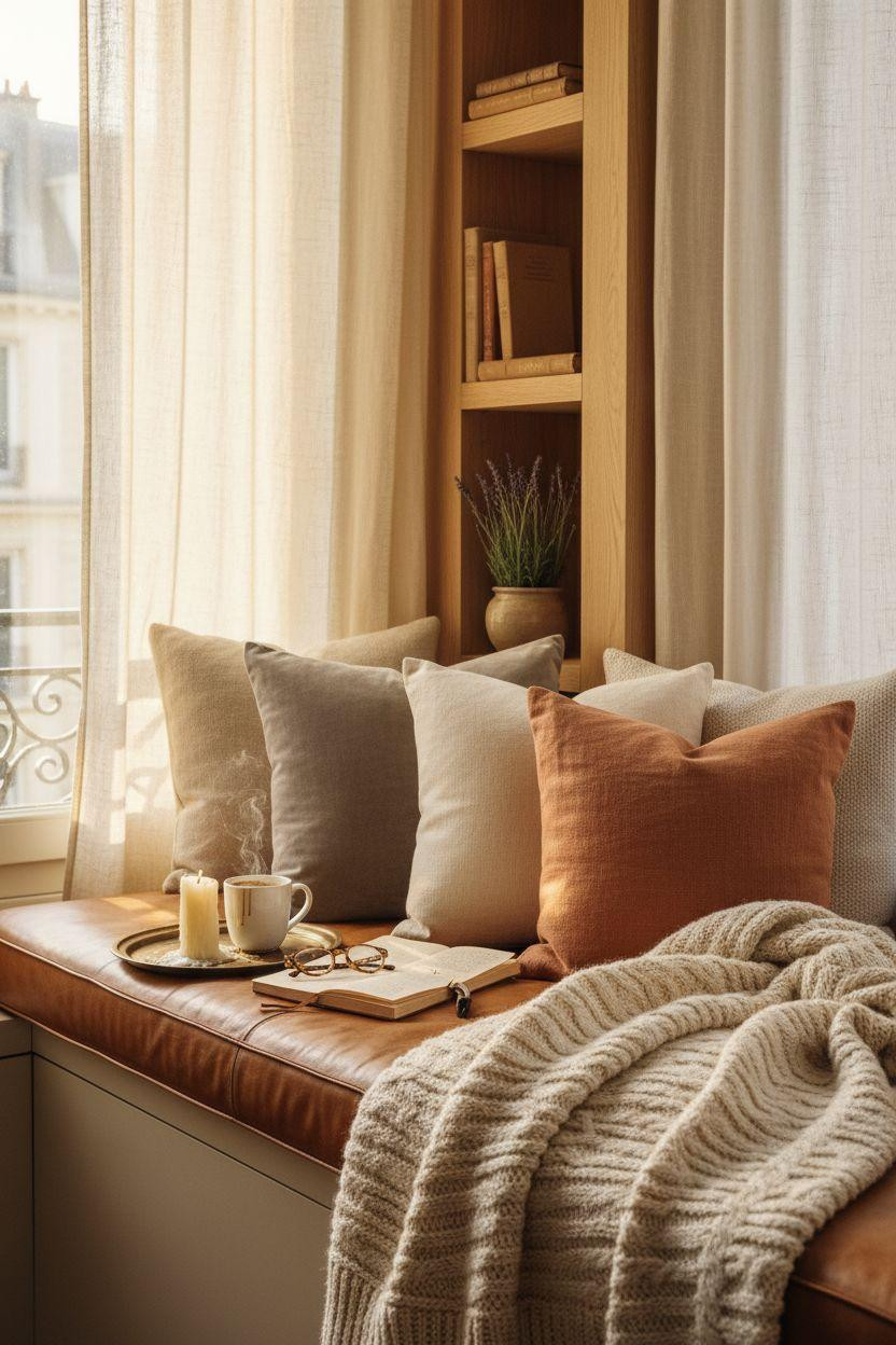 Window Sitting Ideas - luxurious window seat with cognac leather and cable knit throw